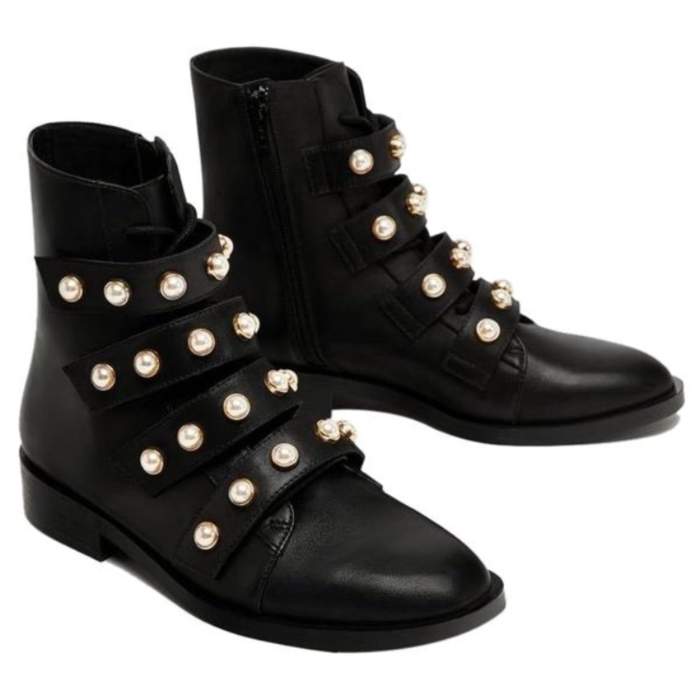 Zara Combat Faux Pearl Strap Ankle Boots - Picture 1 of 8
